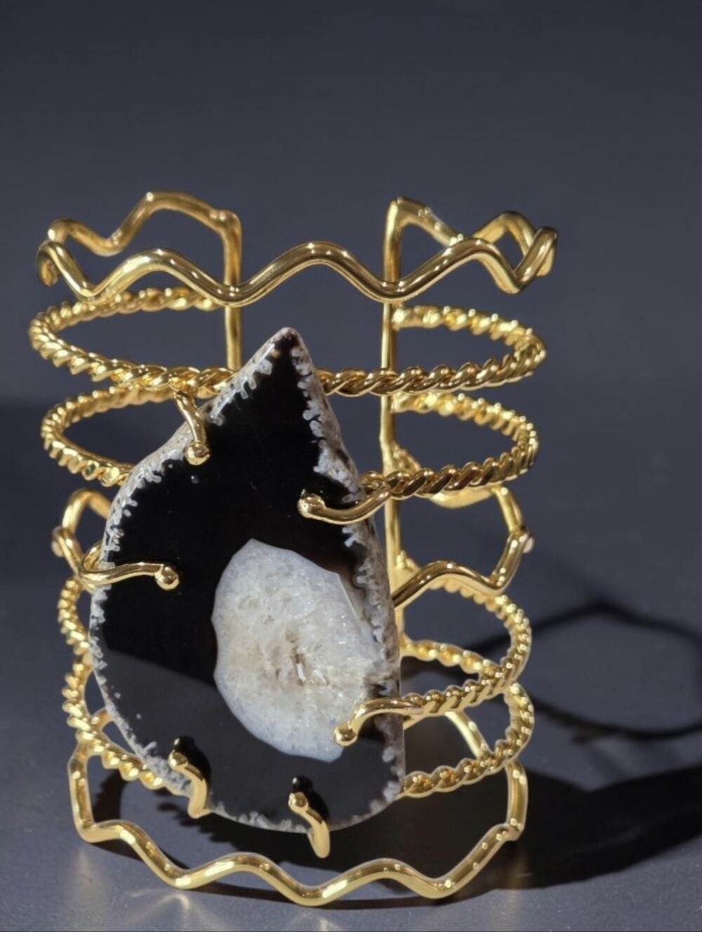 18k Gold Plated Artisan Chunky Agate Sugar Geode Slice Cuff Statement Bracelet